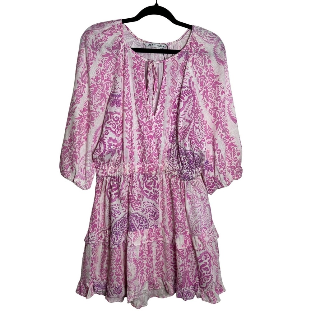 Zara Pink Paisley Tiered Mini Dress Linen Blend XL Boho Cottagecore - Picture 2 of 6